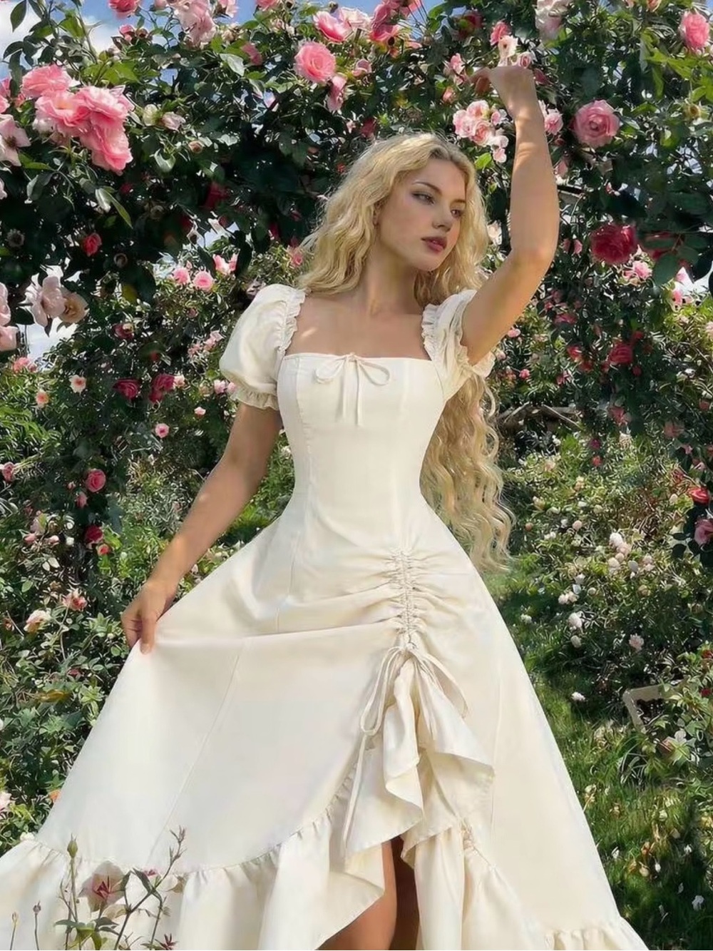 Ivory Puff-Sleeve Ruched Midi Dress